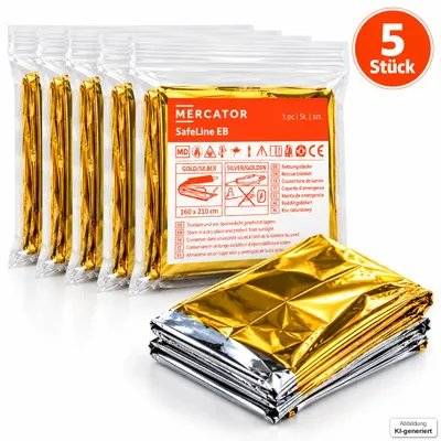 Produktbild von Mercator SafeLine EB Rettungsdecke 210 x 160 cm Gold Silber, 5er-Pack, KI-generiertes Bild