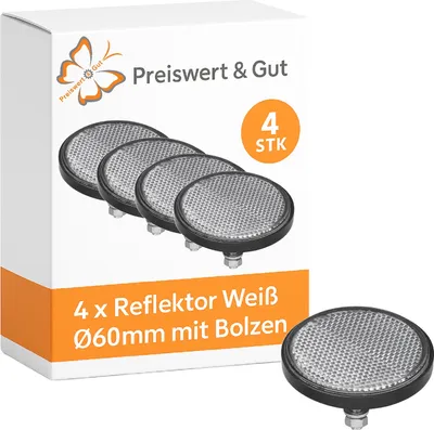 Produktbild von 4x Reflektor Weiß Ø60mm Katzenaugen für Anhänger Seitenstrahler mit Bolzen M5 Mutter und Unterlegscheibe, Grundplatte