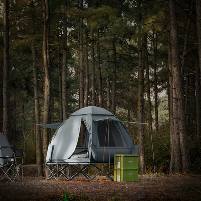Produktbild von SoBuy OGS32-L-HG 4-in-1 Campingzelt für 2 Personen Feldbett mit Wurfzelt Schlafsack und Luftmatratze Wasserdichtes Zelt mit Tragetasche Luftpumpe