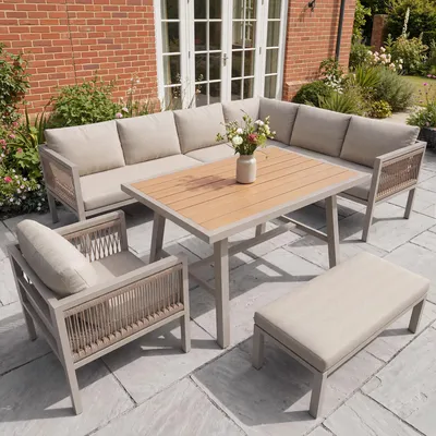 Produktbild von Gartenlounge-Set 5-teilig Ecksofa mit Tisch & Hocker, 150kg Belastbarkeit, Wetterfeste WPC Outdoor Sitzgruppe Seil-Optik Grau/Beige