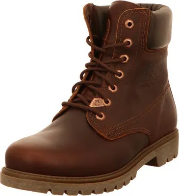 A single brown leather boot is shown against a white background.