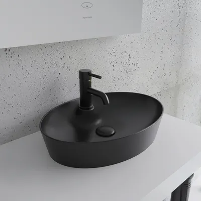 Produktbild von Alpenberger Waschbecken Schwarz Matt | Aufsatzwaschbecken Oval für Badezimmer & Gäste WC | Schale mit Hahnloch für Armatur | Badwaschbecken Waschschale mit Nano Beschichtung aus Keramik