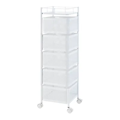 A white rolling cart with five mesh drawers and a top shelf, shown against a white background.