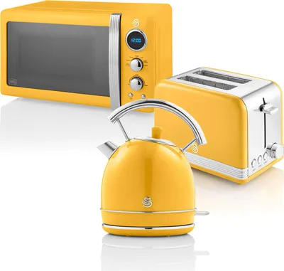 Obrázek produktu pro SWAN STRP2070YELNEW Retro snídaňový set, rychlovarná konvice 1,8 l, 2 topinkovače se širokými otvory, mikrovlnná trouba 20 l žlutá