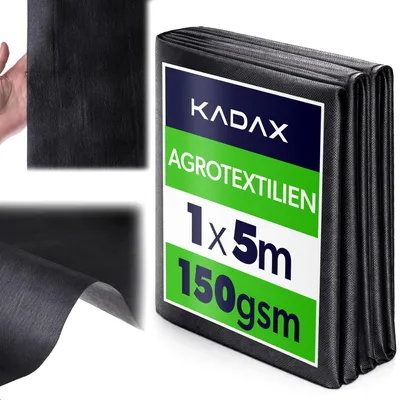 Produktbild von KADAX Unkrautgewebe 1 x 5 m, 150 g/m², Schwarz Hochbeetfolie aus Polypropylen, Wasserdurchlässig Mulchfolie gegen Unkraut, Unkrautfolie für Garten, Gartenfolie