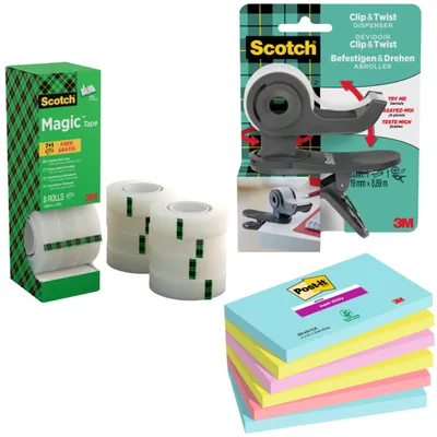 Produktbild von Scotch & Post-it Büro-Set: Magic Tape 8 Rollen, Abroller, Haftnotizen 6 Blöcke