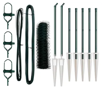 Produktbild von Zaunpfosten-Set mit Zaun, Gartenzaun aus Stahl und PVC, 1000 cm Länge, stabile Zaunpfosten für Garten, Terrasse und Außenbereich, Korrosionsbeständig, Grün