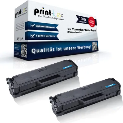 Two black toner cartridges are displayed in front of a product box.