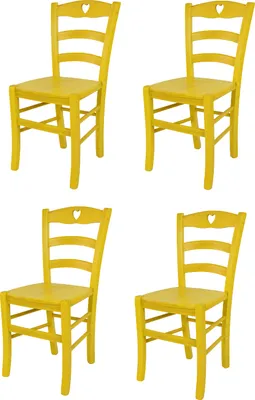 Four yellow wooden chairs are arranged in a two-by-two grid against a white background.