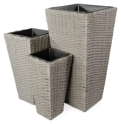 Produktbild von di volio Pflanzkübel Set VINCEZI 3 hohe quadratische Polyrattan Töpfe Grau