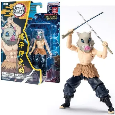 A product shot of a Demon Slayer Inosuke Hashibira action figure in its packaging, with the figure also shown outside of the packaging.