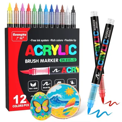 Obrázok produktu pre Sada akrylových fixiek, 12 farieb, vhodné na textil, sklo, drevo, papier, viacfarebné, dvojitá špička 1-6 mm
