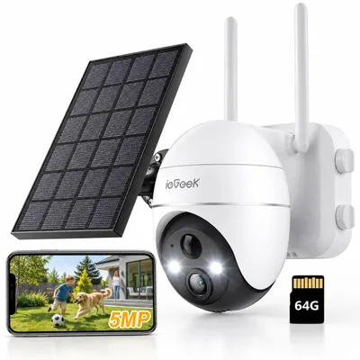 Productafbeelding van 2K 5MP bewakingscamera voor buiten, WiFi, 360° PTZ, zonne-energie, 30M kleuren nachtzicht, PIR bewegingsdetectie, compatibel met Alexa, 4DBi WLAN-antenne, 64G