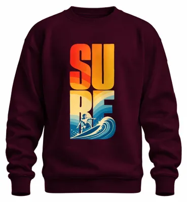 Imagen del producto de SURF. Camiseta de cuello redondo o sudadera con motivos de surf, olas, océano, playa, estilo retro. Color burdeos, talla XL