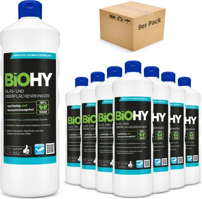 Produktbild von BiOHY Glas- und Oberflächenreiniger, Glasreiniger, Oberflächenreiniger, Fensterputzmittel – 9er Pack (9 x 1 Liter Flasche)