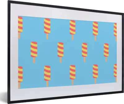 Produktbild von MuchoWow® MuchoWow® Gerahmtes Poster Eiscreme - Muster - Blau - Gelb 60x40 cm - Poster mit zchwarzem Bilderrahmen - Schlafzimmer - Plakat in Rahmen - Drucken