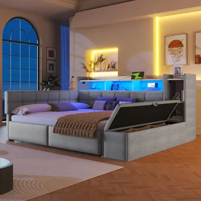 Immagine prodotto di Letto a giorno - 140 x 190 cm, grigio, in velluto, con porte USB e USB-C, illuminazione LED, con spazio contenitivo, con cassetti