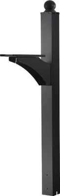 A black mailbox post with a shelf attached, shown against a white background.