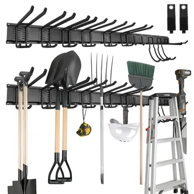 Produktbild von Werkzeughalter Wand, 64 Zoll Garagen-Organizer mit 12 Haken und 2 Gurten für Gartenwerkzeuge, Ski, Rechen und Schaufeln