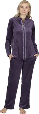 Produktbild von RAIKOU Damen Velours Freizeitanzug Hausanzug Sportanzug Freizeitanzug Jogginganzug Trainingsanzug 2 Teilig Oberteil und Hose Set Dunkel Lila 36/38