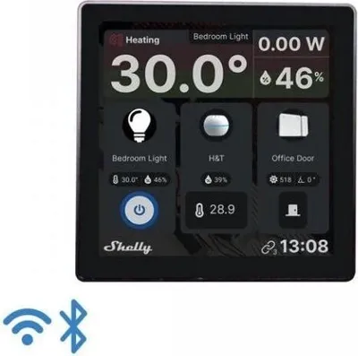 Produktbild von shelly 4 Zoll Smart Home Wanddisplay mit Farbdisplay, WLAN & Bluetooth, integriertem 5A Relais, LUX Sensoren, Raumthermostat Funktion, anpassbarem Startbildschirm, App-Steuerung (iOS/Android), Schwarz, Kunststoff
