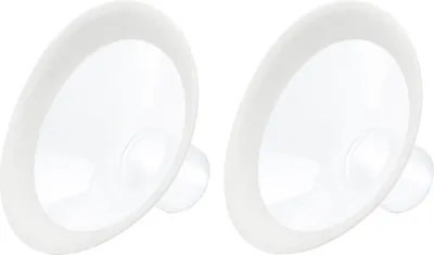 Two white breast pump flanges are shown against a white background.