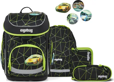 A set of school supplies including a backpack, a pencil case, and a pouch, with decorative car images.