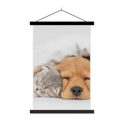 Produktbild von MuchoWow® Textilposter Haustiere - Hund - Katze - Decke 60x90 cm mit schwarzem Rahmen - Poster Wohnzimmer
