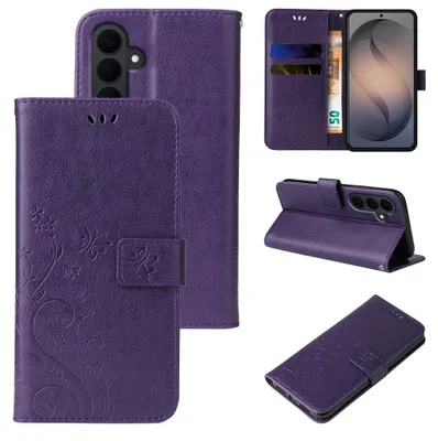 Produktbild von Handyhülle für Samsung Galaxy S26 FE Floral Blumen Schmetterling Flip Cover Hülle Case Klapphülle Handytasche Farbe: Violett