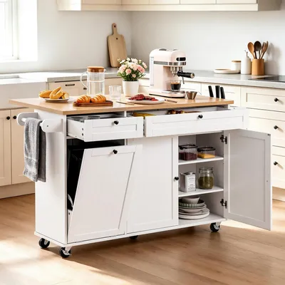 Image de VEVOR Chariot de cuisine îlot 153 cm de large Chariot de cuisine mobile avec roulettes & plateau rabattable & 2 tiroirs & armoire à poubelles & porte-couteaux & étagère à épices & porte-serviettes, table pour salle à manger, garde-manger