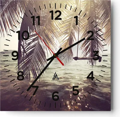 Produktbild von Wanduhr - Quadrat - Glasuhr - Meer Palme Wasser - 40x40cm - Schleichendes Uhrwerk - Lautlos - zum Aufhängen bereit - Dekoration Modern - Wanddekoration aus Glas - C4AC40x40-3634