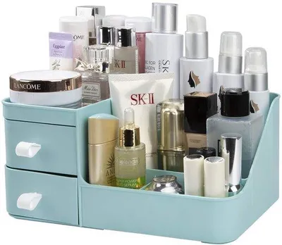 Productafbeelding van Unyqoos® Kosmetische organizer – Make-up opbergdoos met 6 compartimenten en 2 diepe lades, compact formaat: 27,5 x 16 x 11,5 cm, ideaal voor de make-uptafel en de badkamer