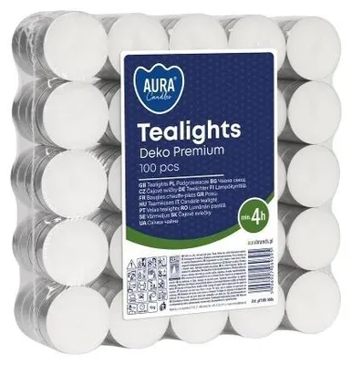 Immagine prodotto di Candele tealight riscaldanti, 4 ore, confezione da 100 pezzi, impilabili, modello PF10R-100S, marca Aura