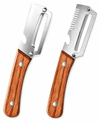 Produktbild von Multifunktionaler Gemüseschäler - 3 in 1 Edelstahl mit Holzgriff und Flaschenöffner - für Obst und Gemüse - 2 Stück