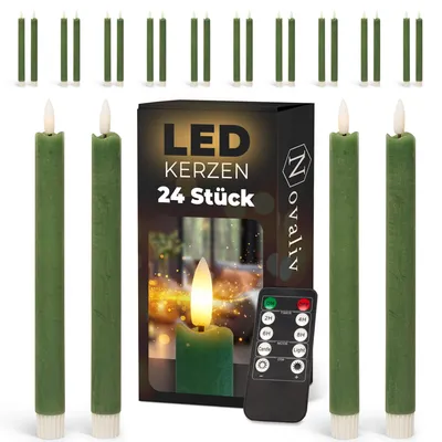 Produktbild von LED Stabkerzen 24 Stück ECHTWACHS Grün - mit Timer Funktion 6 Stunden - 23cm Höhe für Kerzen 2,2cm Durchmesser 2 AAA Batterien notwendig LED Stabkerzen 2er Set 6x Grün bewegliche Flamme Licht