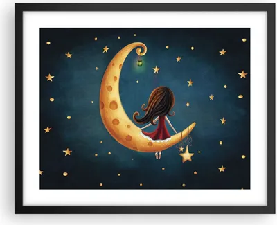 Produktbild von Gerahmtes Poster - Schwarzer Rahmen - Kinder Mädchen Mond - 50x40 cm - Wand Bild - Wanddeko - Wandbilder - Kunstposter - Wandposter - Bilderrahmen - Bilder - Kunstdruck - P2BAA50x40-4683