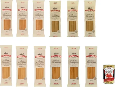 Produktbild von Testpaket Rummo Bucatini Spaghetti Linguine Hartweizengrieß Pasta Italienische Nudeln 12x 500g Packung + Italian Gourmet Polpa di Pomodoro 400g Dose