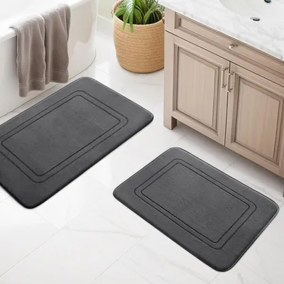 Image de Lot de tapis de bain, 2 pièces, tapis de bain moelleux en mousse à mémoire de forme, antidérapant, lavable, pour les toilettes, la douche et la baignoire, gris foncé