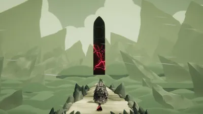 A stylized, low-poly landscape with a tall, dark obelisk in the center, emitting red energy. Two small figures stand on a path leading towards it.