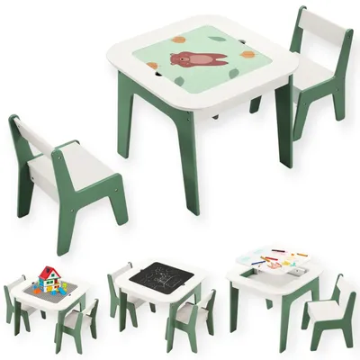 Immagine prodotto di Tavolo multifunzione 4-in-1 per bambini, prodotto da GINGER HOME, con sedie. Include 2 piani del tavolo, una lavagna nera e un piano del tavolo con incavi per i mattoncini in stile LEGO, modello "Forest"