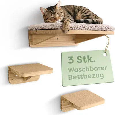 Produktbild von Knupis Katzen Kletterwand Set mit Katzenbett & 2X Katzentreppe – Massives  Kiefernholz, Stabile Wandliege bis 30 kg – Für Spielspaß & Gemütlichkeit - Beige