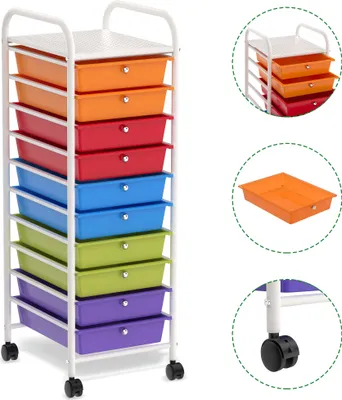 Produktbild von XMTECH Rollwagen mit 10 Schubladen(einreihig)  – Schubladenwagen mit feststellbaren Rollen für Küche, Bad und Büro, 36x39x96cm (Bunt)