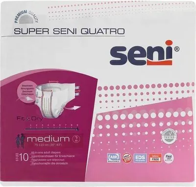 A product package for adult diapers, featuring an image of the product and various feature icons.