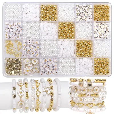 Immagine prodotto di Set di perline per creare braccialetti, kit per realizzare gioielli fai-da-te per ragazze e adulti, perline bianche da infilare per braccialetti, collane e idee regalo