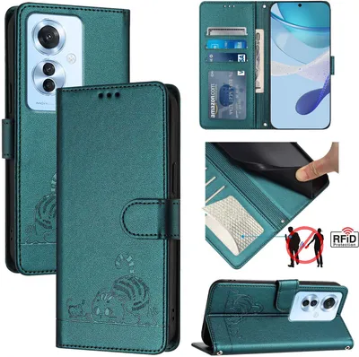 Produktbild von Leder Hülle für Oppo Reno11F Süße Katze Flip Case Brieftasche Schutzhülle mit Standfunktion Grün