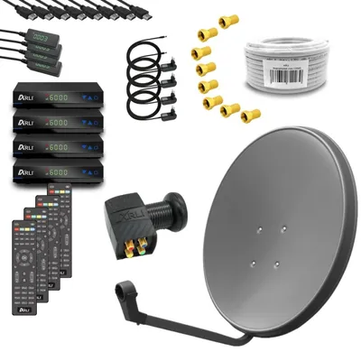 Produktbild von ARLI HD Sat Anlage 60 cm Grau Komplettset 4x Receiver + Quad LNB + 100 m Kabel + F-Stecker für 4 Teilnehmer DVB-S2