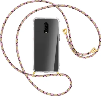 Produktbild von Handykette Backcover-Schutzhülle mit Band (Metall goldfarben) für OnePlus 6T, OnePlus 7 - rosa Karo