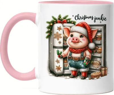Produktbild von Christmas Junkie Lustiges Schweinmotiv Tasse Rosa Geschenkidee witziges Design Weihnachten
