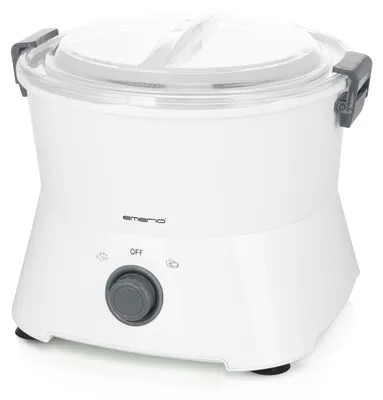 A white kitchen appliance with a clear lid sits on a white background.