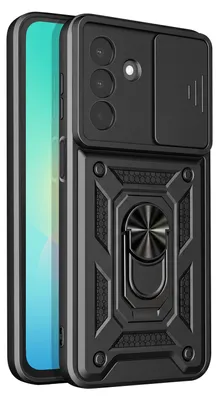 Zdjęcie produktu dla Etui Avizar do telefonu Samsung Galaxy A27, z uchwytem pierścieniowym i wysuwaną osłoną na obiektywy aparatu, kolor czarny